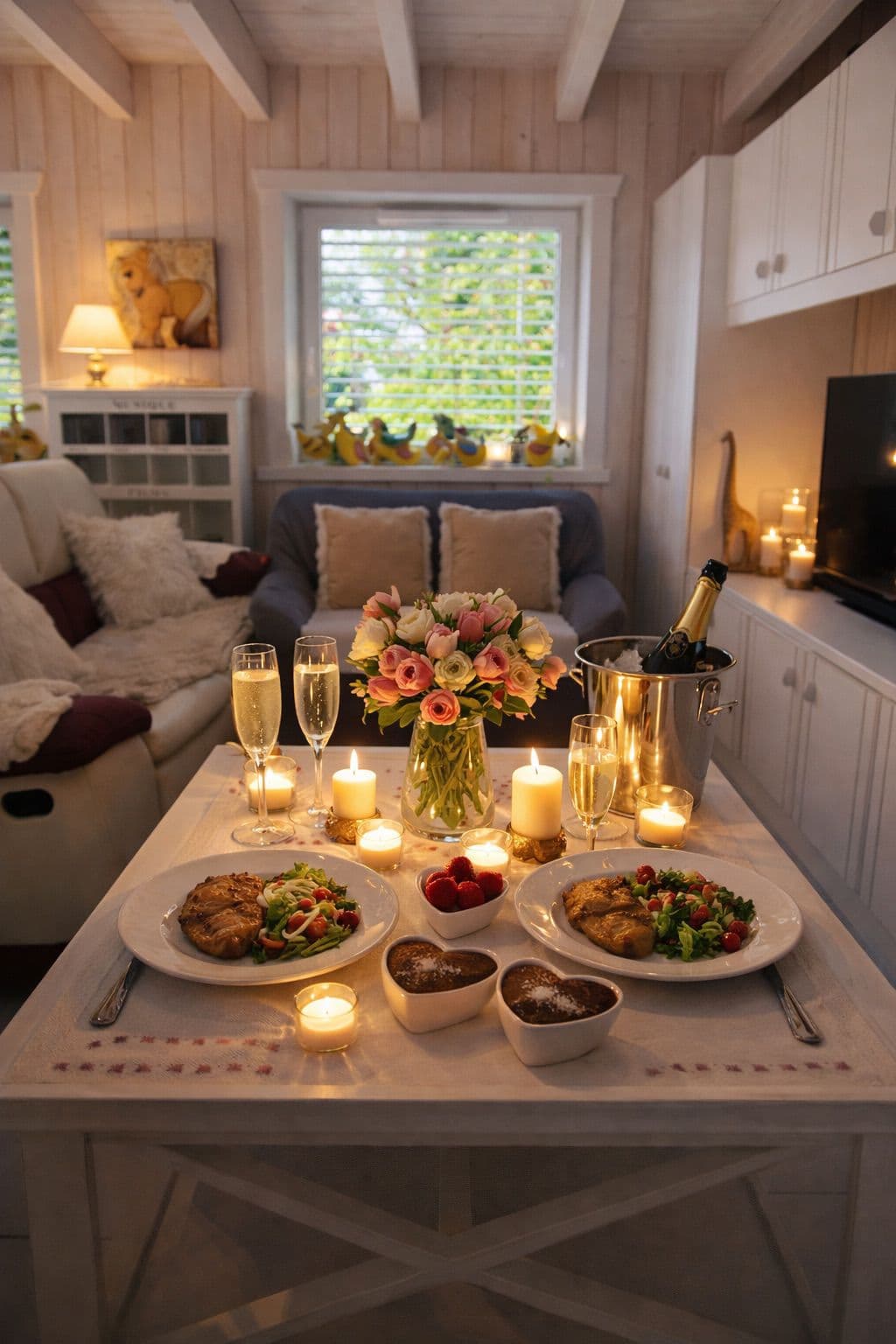 Salon cosy avec champagne